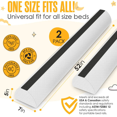 Two Pack Memory Foam Toddler Bed Rail Bumpers with Dual Non Slip Pads Top and Bottom Waterproof Washable Soft Removable Cover Safety Noodle For King Queen Full And Twin Beds shown in detail with product dimensions highlighted.