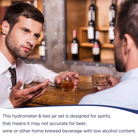 Two men discussing spirits at a bar while holding glasses, highlighting the use of a Moonshine Alcohol Hydrometer Kit 0 To 100 Proof.