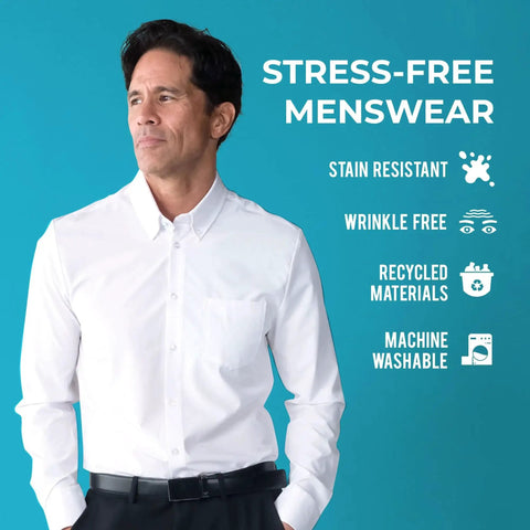 Man wears Cloudlike 4 Way Stretch Slim Fit White Dress Shirt For Men That Moves With You From Desk To Dinner Wrinkle Free Large