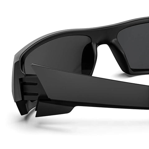 Close-up of Wraparound Rectangular Sunglasses For Men with UV400 and Z87 Rating in matte black, side arm and hinge detail