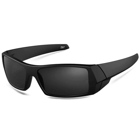 Wraparound Rectangular Sunglasses For Men With UV400 And Z87 Rating Matte Black, showing side view of matte black wraparound frame.