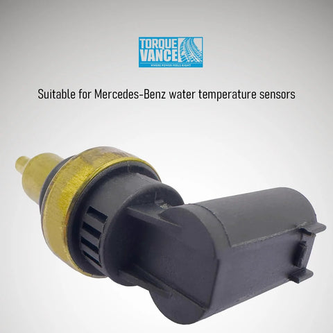 TorqueVance coolant temperature sensor, black plastic body with brass mounting collar, Mercedes-Benz compatible.