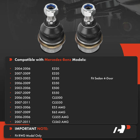 Two Piece Front And Rear Outer Ball Joint Set For Mercedes-Benz E Class And CLS Series 2003 2011 with compatibility chart