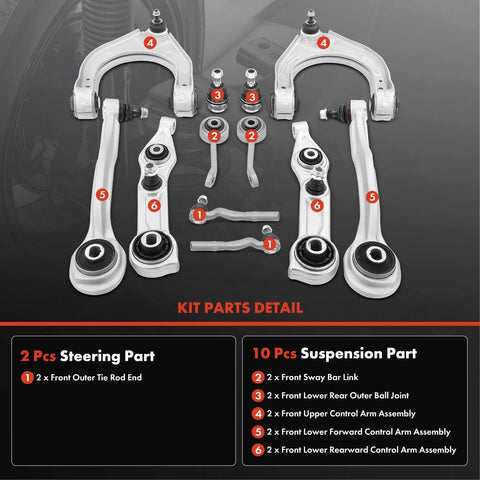 12 Piece Beefed Up Front And Rear Control Arm Set With Sway Bar Link Outer Tie Rod End And Lower Rear Ball Joint For Mercedes Benz E320 E350 E500 E550 E55 AMG CLS500 2003 To 2011, displayed with parts layout.