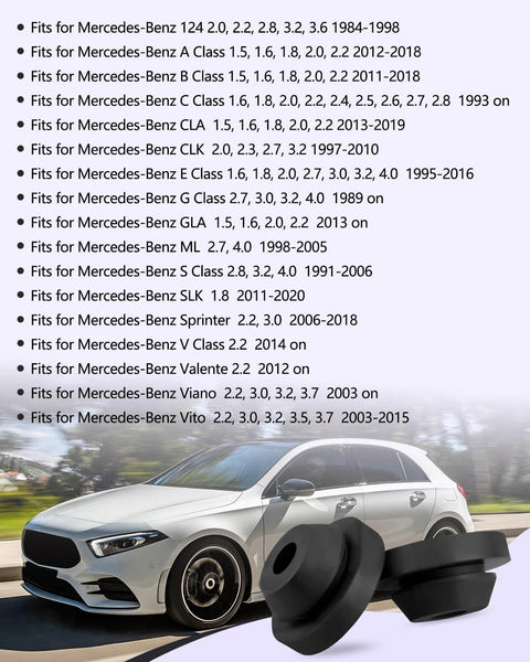 Mercedes Benz Rubber Bearing Mount Kit Two Pack shown with compatible vehicle models list and car in background