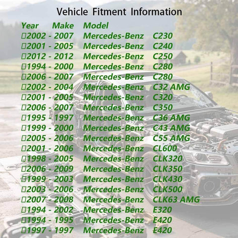 Vehicle fitment information list with Mercedes-Benz models and years over a background of a car engine in scenic area.