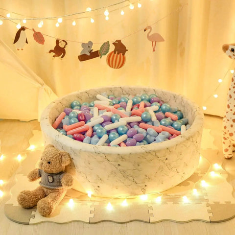 Ball Pit Balls - Pack of 200pcs Crush Proof Plastic Children's Toy Balls in mermaid colors inside a white marble-patterned pit.