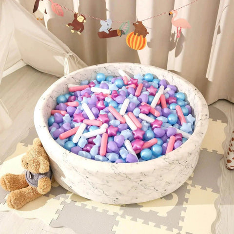 Ball Pit Balls - Pack of 200pcs Crush Proof Plastic Children's Toy Balls Mermaid Ocean Balls for Birthday Party Christmas Water Toy Indoor Outdoor,4 Shapes in ball pit on play mat.