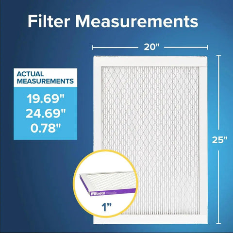 MERV 12 Pleated Air Filter 20x25x1 With Electrostatic Media, MPR 1500, dimensions shown with actual size 19.719 x 24.688 x 0.78 in