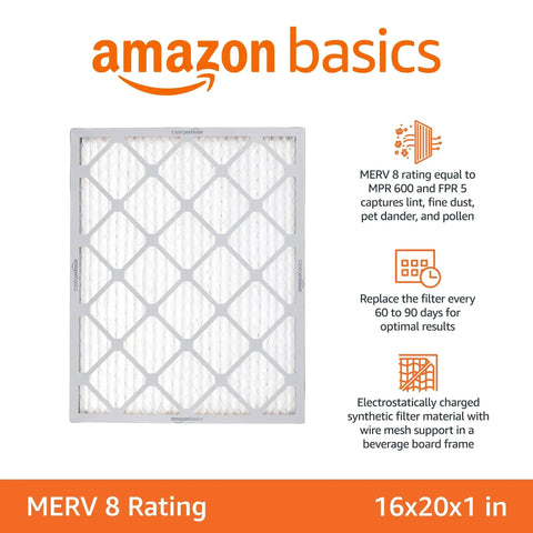 Six pack MERV 8 furnace air filters fit standard 16x20x1 slots, trapping dust, pollen and lint to improve indoor air quality
