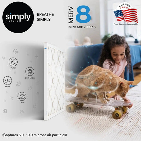 Girl with cat beside 20x20x1 Air Filter MERV 8 MPR 600 6 Pack For HVAC Universal Fit Actual Size 19.75x19.75x0.75 capturing allergens.