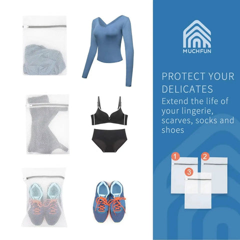 Three Pack Durable Honeycomb Mesh Laundry Bags For Delicates 12 By 16 Inches With Auto Lock Zippers Heavy Duty Construction Protect Lingerie And Delicate Fabrics In Machine Wash And Dry Ensuring Even Drying And Prolonged Garment Care. Illustrated use for clothing.