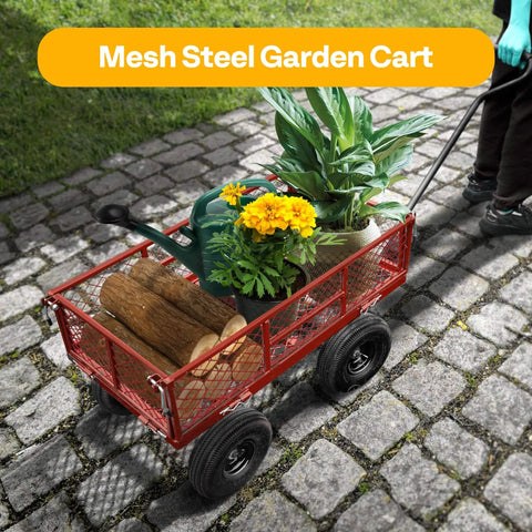 Heavy Duty Mesh Steel Garden Cart Folding Utility Wagon with 880 Lb Capacity carrying potted plants and logs on a stone path.
