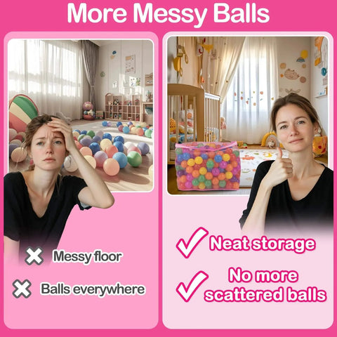 Comparison of messy playroom with ball pit balls everywhere versus organized room with 2 PCS Ball Pit Balls Bags storage.