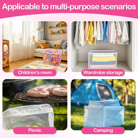 2 PCS Ball Pit Balls Bags - Storage Mesh Bag with Zipper for household organization, picnic, and camping use in pink & white.
