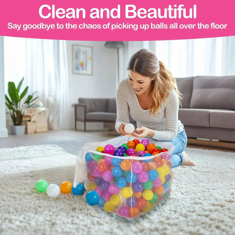 Woman using 2 PCS Ball Pit Balls Bags - Storage Mesh Bag with Zipper Suitable for Storage,Sturdy and Durable,Large Size 17.7 x 11.8 x 13.7 Inches