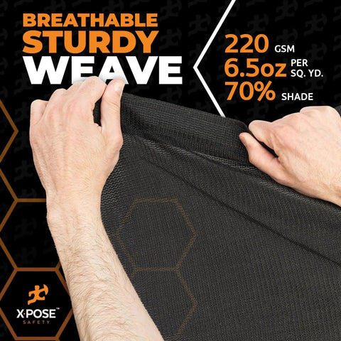 Hands holding Heavy Duty Mesh Tarp 4 Ft By 10 Ft Black Protective Cover with airflow, highlighting breathable weave and shade percentage
