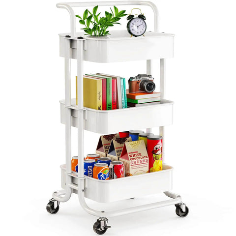 Three Tier Mesh Rolling Utility Cart With Handle And Lockable Wheels For Kitchen Office And Living Room White Finish Pipishell Metal Storage Cart With Versatile Shelves For Easy Organization displaying plants, books, and snacks