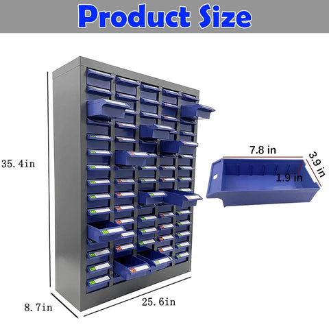 Bolt and Nut Tool Storage Cabinet 75 Drawers Parts Cabinet Contains Assortment KIT Metal Organization Shelves dimensions shown