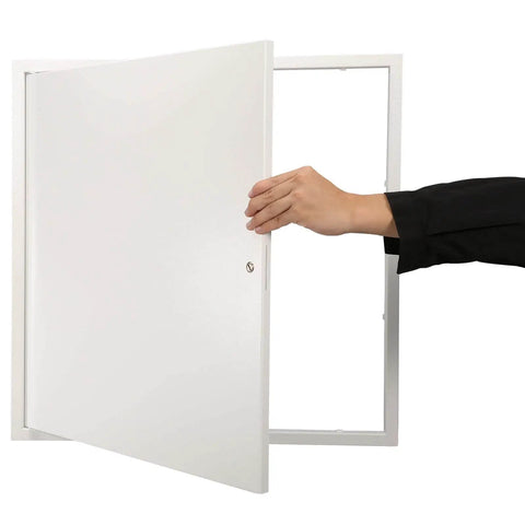 Durable 24 x 24 inch metal access panel for drywall ceilings with a cam latch lock and hinged removable door being opened by hand