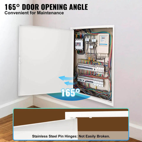 Image of a durable 24 x 24 inch metal access panel for drywall ceilings with a cam latch lock, shown open with exposed wiring inside.