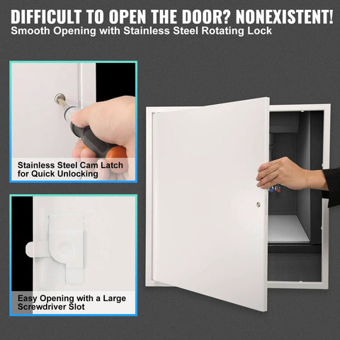 Durable 24 x 24 inch metal access panel for drywall ceilings with cam latch lock and hinged removable door, shown being opened.