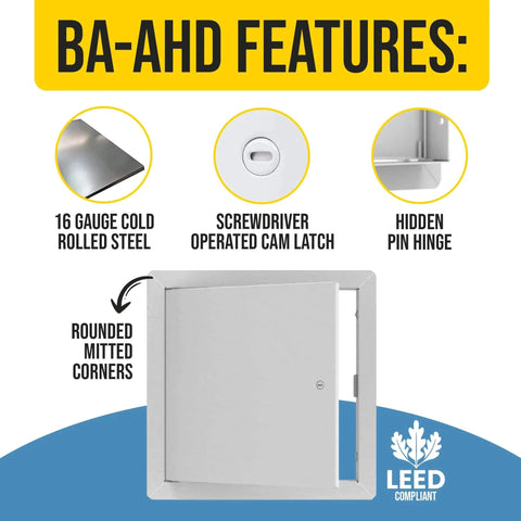 BA-AHD 6x6 Metal Access Panel With Concealed Pin Hinge 16 Gauge Steel Non Rated Drywall Ceilings White LEED Compliant features