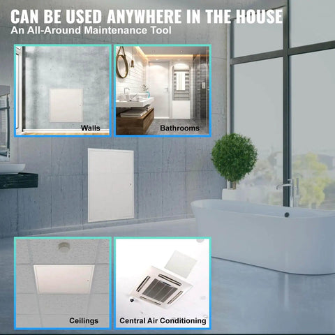 Durable 24 x 24 inch metal access panel for drywall ceilings with a cam latch lock installed in home bathroom and ceiling