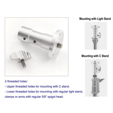 All Metal Aluminum 5/8 Inch Baby Ball Head Adapter To 3/8 Inch Thread For C Stand And Light Stand Mounts with dual threaded holes