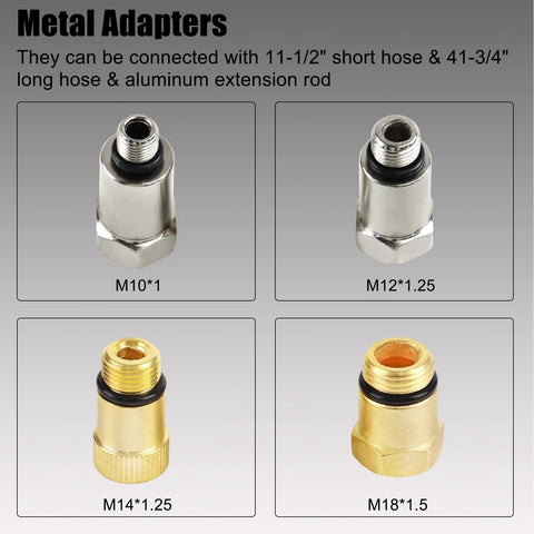 Automotive leak-down tester adapters: four metal adapters with O-rings—M10x1 chrome; M12x1.25 chrome; M14x1.25 brass; M18x1.5 brass.