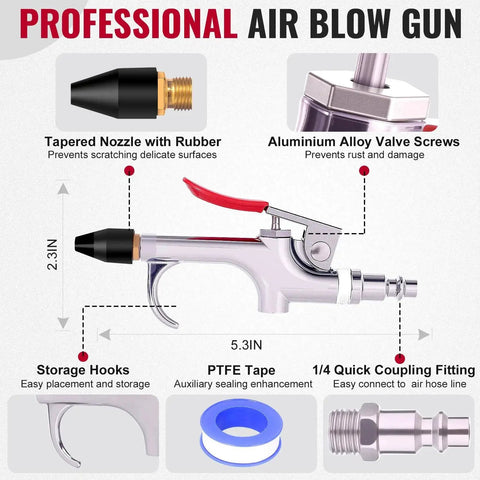 Diagram of a powerful all metal air blow gun kit with a 1/4 inch quick-connect, rubber tip, and high sealability features