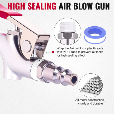Powerful all metal air blow gun kit delivers efficient dust and debris removal with a 1/4 inch quick-connect, rubber tip