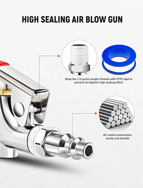 Four piece all metal air blow gun kit delivers powerful dust clearing for workshops, garages, and home shops; rubber tip protects surfaces, 2-way connection, and 1/4 inch quick plug enable fast, versatile nozzle setup for clean, efficient work shown with high sealing details and PTFE tape.