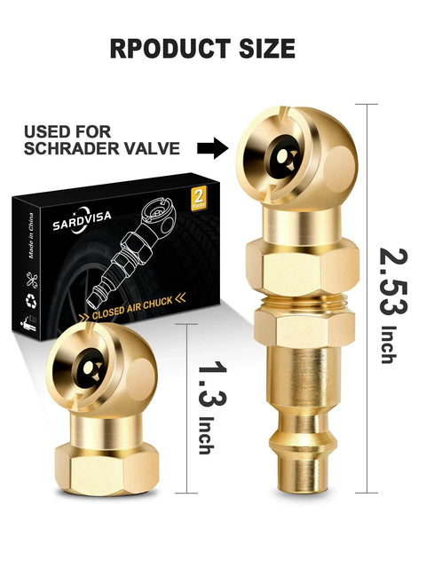 Two Pack Durable Metal Closed Ball Air Chucks With One Quarter Inch NPT Quick Plug For Tire Inflation And Air Compressor Hoses Leak Proof Tire Inflator Nozzle For Automotive Shops Service Fleets And Home Garages, showing product size and packaging