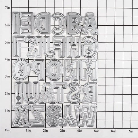 English Alphabet 26 Letter Metal Cutting Dies Set For Card Making And Scrapbooking Embossing Die Cuts on grid background