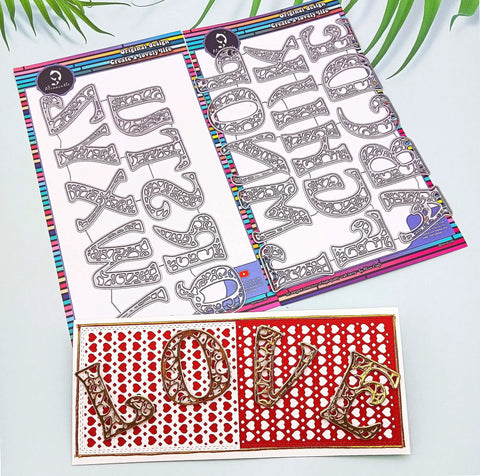 26 Piece Alphabet Letter Metal Cutting Dies For Scrapbooking Card Making And Paper Crafts Dope Die Cuts Vintage 5 cm Height High Quality Steel Die Cut Set From Alinacutle displayed with cutout letters spelling 'LOVE' on a card.
