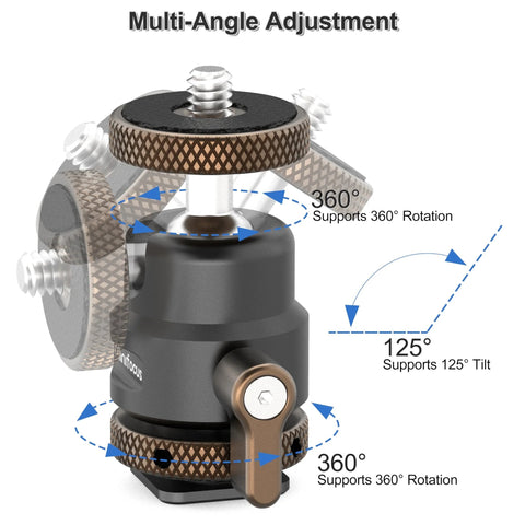 Metal Ball Head For Tripods And Mounts With 360 Degree Swivel And 125 Degree Tilt One Quarter Inch Cold Shoe Adapter front view
