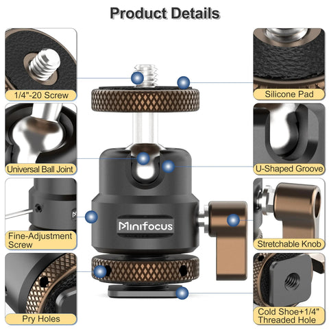 Product details of metal ball head for tripods and mounts with 360 degree swivel and 125 degree tilt, stainless steel construction.