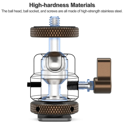 Metal Ball Head For Tripods And Mounts With 360 Degree Swivel And 125 Degree Tilt One Quarter Inch Cold Shoe Adapter, side view