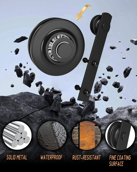 Close-up of wheel part from Double Sliding Barn Door Hardware Kit - 12 FT Black Heavy Duty Steel Rail with floating rocks.