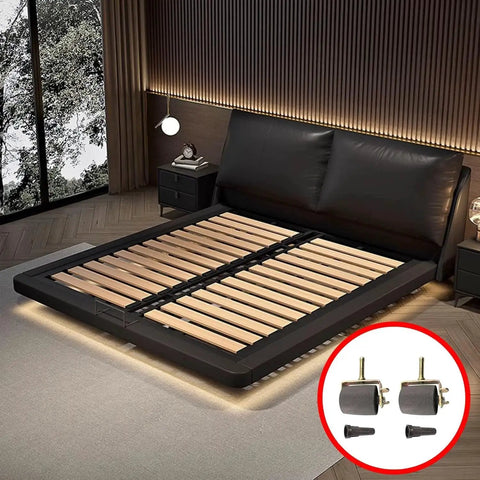 Two Pack Heavy Duty Metal Bed Frame Casters With Brakes Locking Casters For Furniture Standard Leg Sockets On Bed Frames 600 Lb Weight Capacity Smooth Rolling On Carpet Or Hard Floors, shown next to a bed frame.