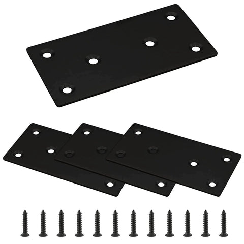 4pcs Metal Flat Straight Brace Bracket, 4'' x 2'' (L x W) Stainless Steel Mending Plate, Joining Bracket Wood Connectors for Furniture Corner Braces with Screws (Black)