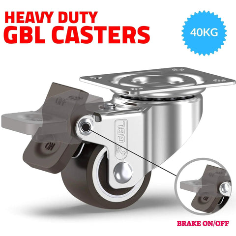 Heavy duty metal caster with brake, showing brake mechanism, suitable for carts and furniture up to 40kg, side view.