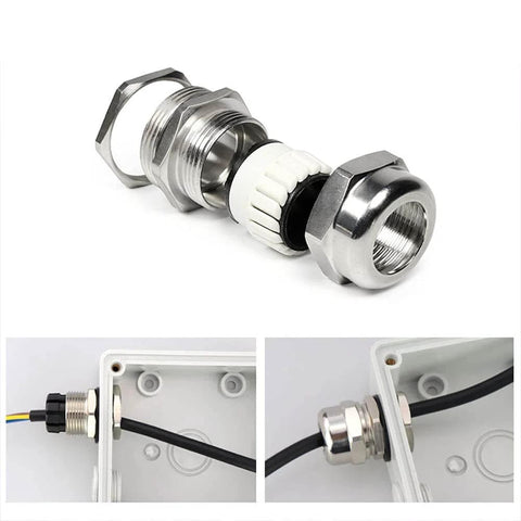 PG11 Metal Cable Gland Waterproof IP68 Five Pack 5 To 10mm Wire Range 18.6mm Thread Outside Diameter 8mm Thread Length Durable Metal Cable Gland With Rubber Seal And Locknut For Rugged Electrical Enclosures shown disassembled and installed in electrical box