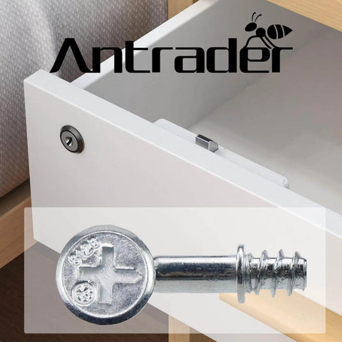 Effortless knockdown furniture assembly with a 10 pack of metal cam lock fittings and dowels, shown installed on a drawer