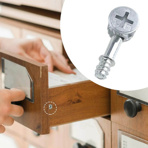 Effortless knockdown furniture assembly with a 10 pack of metal cam lock fittings and dowels in use on wooden drawer