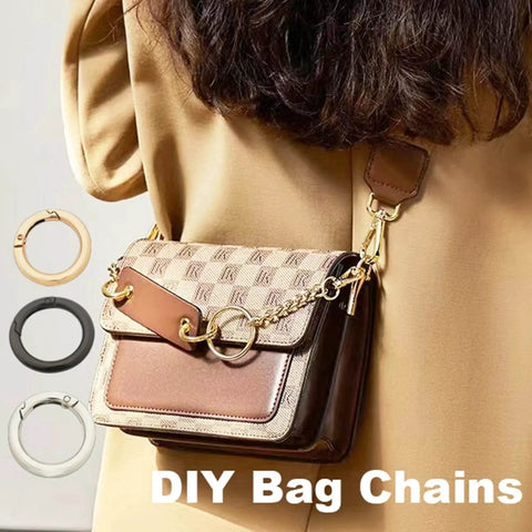 Woman wearing purse with decorative chain, showcasing use for 6 Pcs 3 Inch Large Round Carabiners Clips for bags.