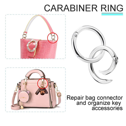 Image showing Ten Pack One Inch Metal Spring O Ring Carabiner Clips Keychains for purses and bags, showcasing both silver rings and installed view.