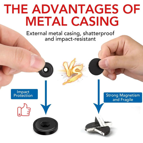Graphic showcasing advantages of metal casing for Neodymium Cabinet Magnets 20 Lb Holding Power 12 Pack with impact protection vs fragility