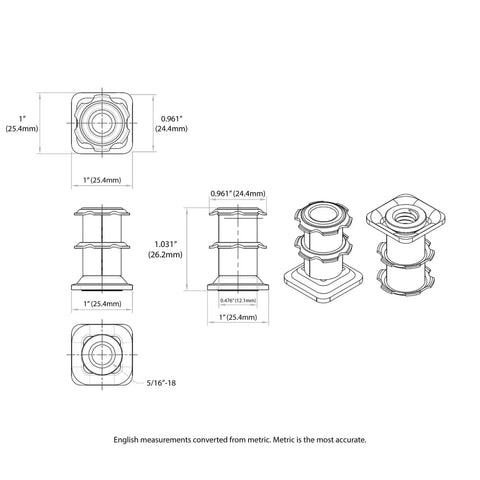 Technical drawing of One Inch Square Metal Double Star Caster Insert With 5/16-18 Threaded Stem For 2 Inch Wheel Industrial Casters